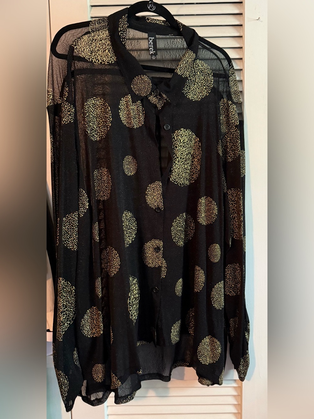 berek Black Sheer Blouse with Gold Dot Pattern